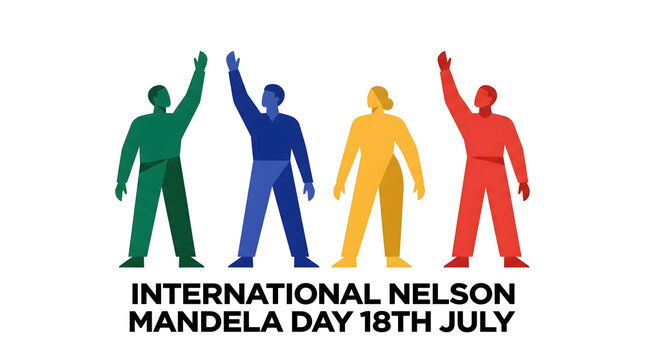International Nelson Mandela Day Logo 18th July; Colorful Raised Fist Silhouettes Celebrating Unity; Diversity Human Rights Concept; South Africa Political Movement Icon Design