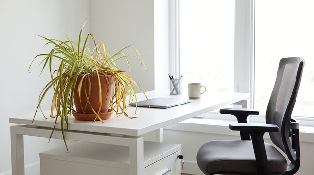 Quiet Quitting Concept, Drooping Unwatered Desk Plant Beside An Empty Office Chair