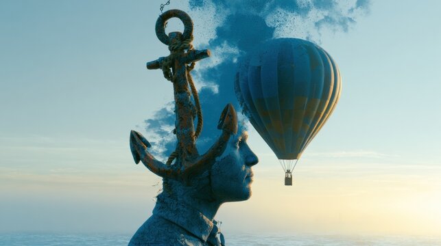 A man39;s head shows an anchor changing into a hot air balloon. The scene represents freedom from stress in a sea-to-sky palette.