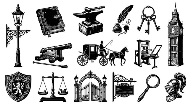 Vintage Black and White Vector Icons: Historical Objects, Technology, and Symbols