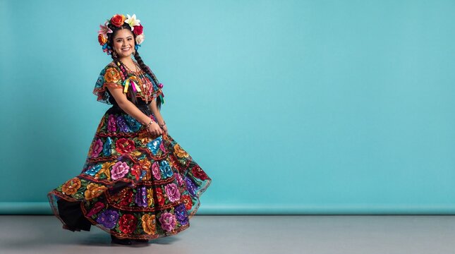 A woman wearing a traditional colorful mexican folklorico dress with floral patterns, ad social media download thambnail poster web template event festival 2026 2027 2028