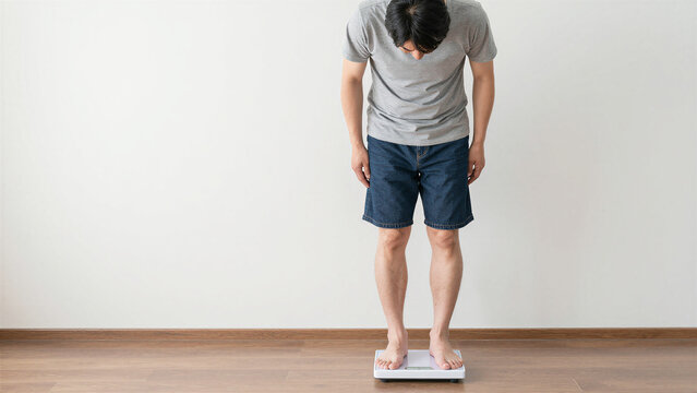 Disappointed Japanese Middle Aged Man Looking at Bathroom Scale After Weight Gain, Health and Diet Concept, Copy space on the left