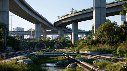 Fototapeta premium Futuristic infrastructure corridor with elevated highways, tunnels, rail lines, and green stormwater