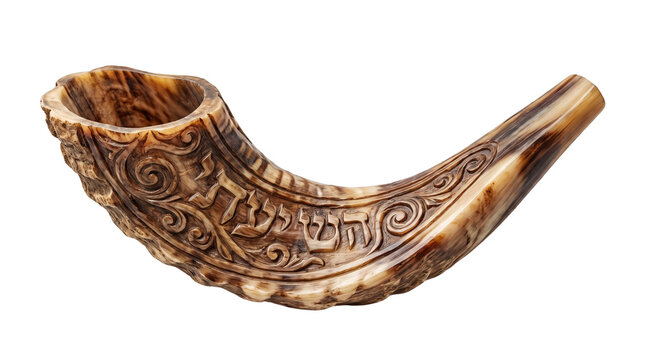 Traditional carved shofar with Hebrew calligraphy, ornate ram horn for Jewish holidays, ceremonial religious musical instrument isolated PNG with Transparent Background