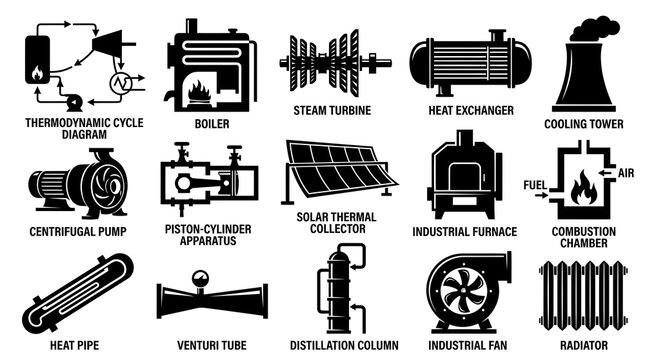 Thermodynamics and Industrial Engineering Equipment Glyph Icons. Process, Heat, Energy Systems Set