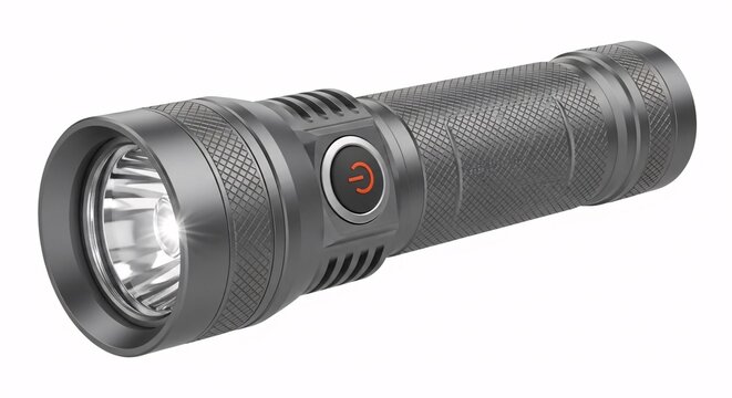 Black tactical flashlight with textured grip