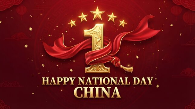 Happy National Day China banner with golden number one and luxury red silk fabric