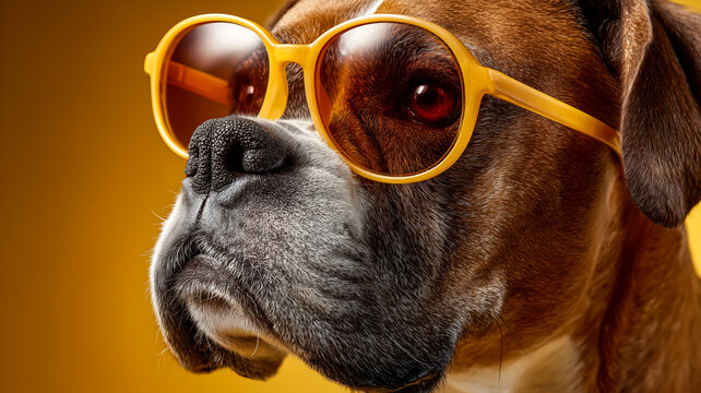 Boxer Dog with Bright Yellow Sunglasses, Bold Portrait