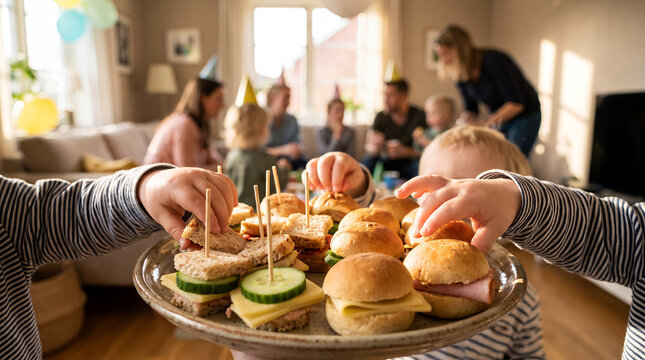 Children reaching for sandwiches at a birthday party in a cozy living room  