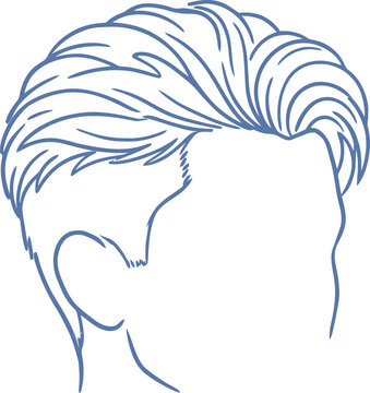 Modern mens hairstyle vector illustration, stylish male haircut line art, blue pompadour hair contour for barbershop branding and salon signage