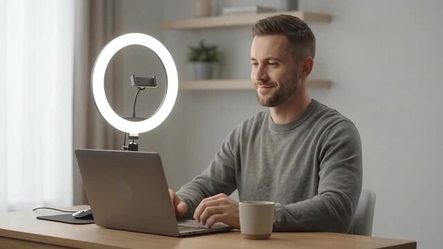 Content Creator Man Adjusting Ring Light in Broadcasting Studio