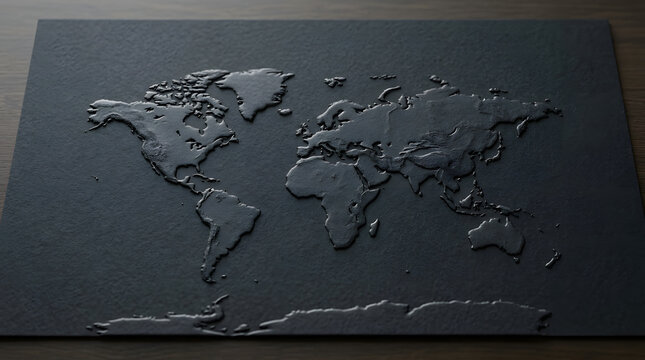 Embossed black world map on dark textured surface