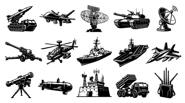 Military Equipment Icons - Black and White Vector Set