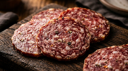 Obraz premium Rustic slices of cured salami on a textured wooden cutting board