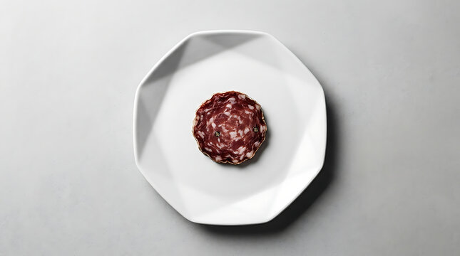 Single slice of cured salami on a white geometric plate against a gray background