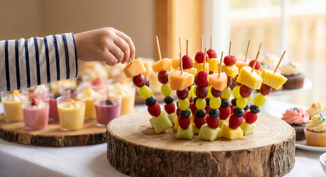 Child arranging colorful fruit skewers on a wooden platter  
