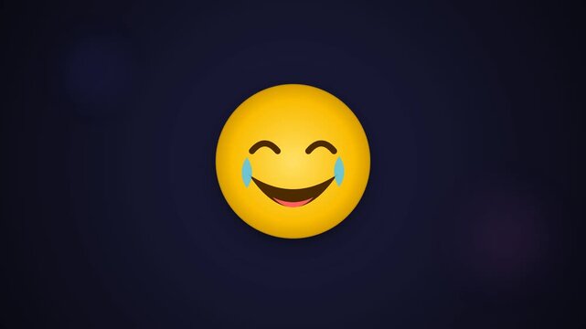 Animated laughing emoji with tears of joy bouncing on dark gradient background with bokeh lights
