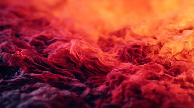 Close-up of vibrant, fiery textures resembling molten lava or swirling flames with dynamic reds, oranges, and dark shadows creating an intense, energetic atmosphere.