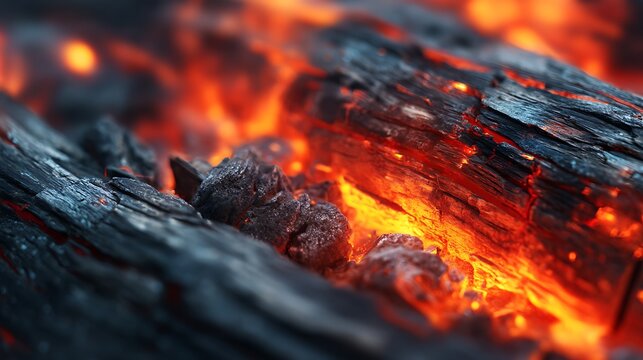Close-up of glowing red and orange embers among charred black wood, depicting intense heat and burning fire.