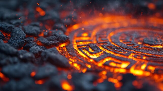 Close-up of glowing molten lava flowing over rough volcanic rocks with bright orange and red hues.