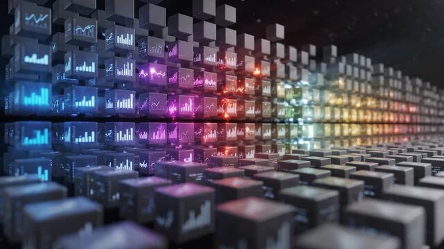 Futuristic Financial Market Data Visualization with Luminous Analytics Cubes, Glowing Digital Trading Display, Reflective Cube Grid, Analytical Chart, and Dynamic Investment Technology Network