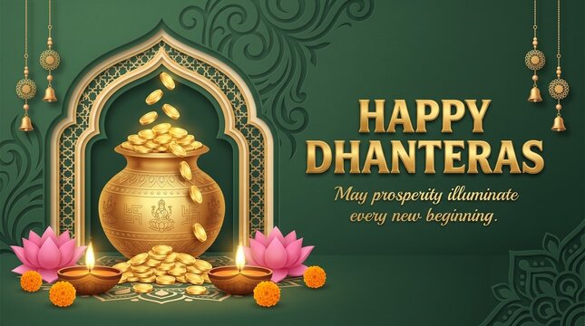 Happy dhanteras festival greeting banner with kalash pot and diyas dhanteras festival