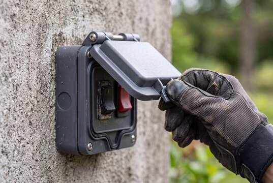 Gloved hand opening a weatherproof outdoor electrical switch box. Grey protective cover revealing red and black switches on a concrete wall. Exterior power control and maintenance
