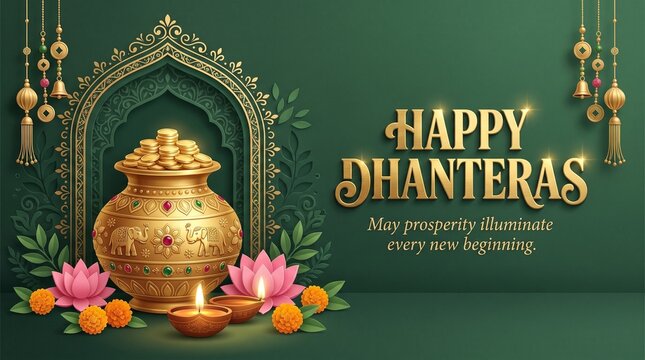 Happy dhanteras festival greeting banner with kalash pot and diyas dhanteras festival