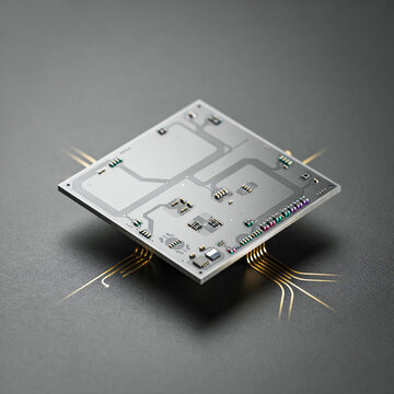 Silver Microchip with Golden Circuit Traces and Pins computer chip processor