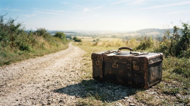 Old suitcase on open pathway