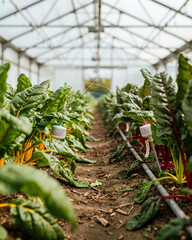 Fototapeta premium Smart Farming Sensors in a Greenhouse with Swiss Chard Plants agriculture technology