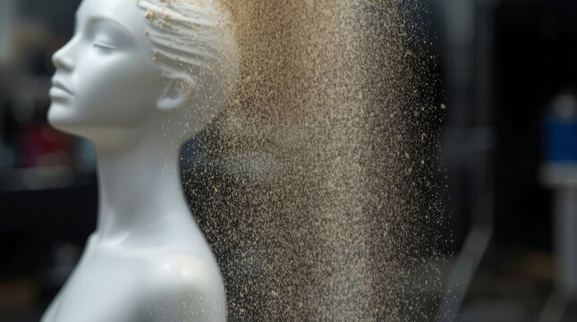 Close up of fine powder particles cascading over a styling mannequin head with partially enveloped flowing particles controlled indoor captures detailed close