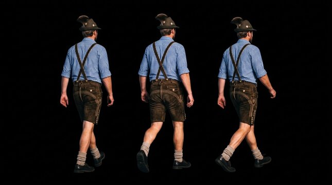 Rear view walking motion sequence of a Bavarian man in traditional lederhosen isolated on a black background