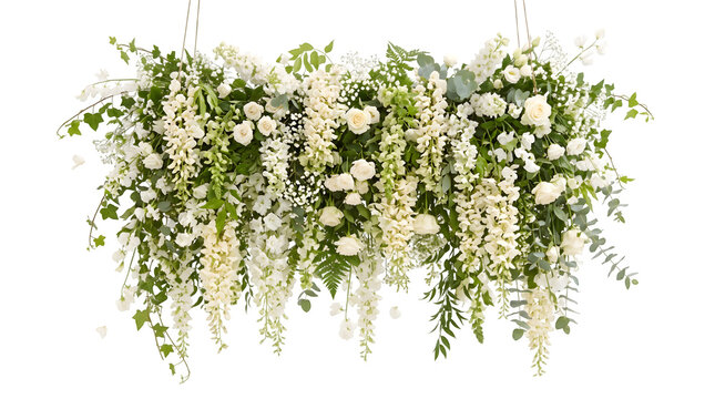 Elegant hanging floral arrangement with white flowers and lush greenery on black background