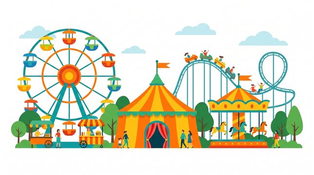 A cute and vibrant vector illustration depicting the atmosphere of an outdoor amusement park