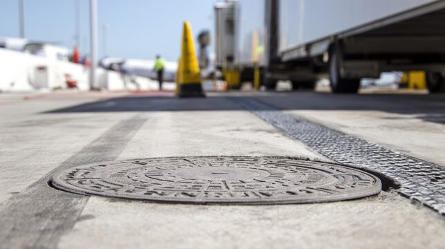 gasket. Close-up of a circular rubber seal on a jet bridge, detailed texture. mobility guides, transit brochures, designed for mobility and urban transit guides, clarifies navigation.