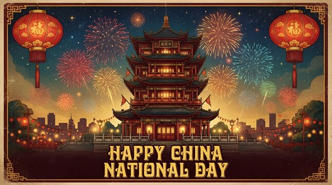 happy national day celebration poster with lanterns and fireworks