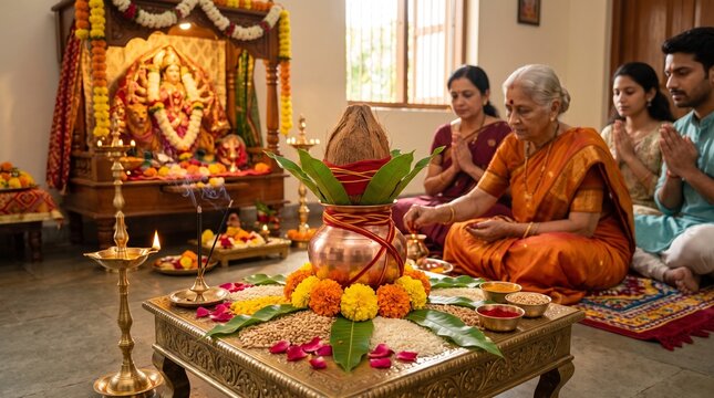 Indian family offering prayers in front of a decorated Kalash setup and goddess shrine during Navratri Puja