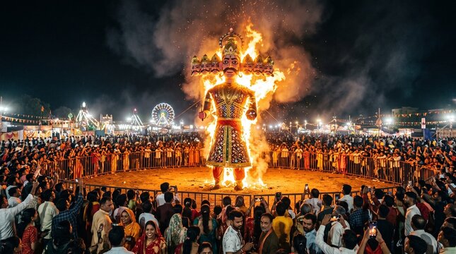 Giant burning effigy of Ravana during Dussehra festival celebration surrounded by a large crowd at night fair