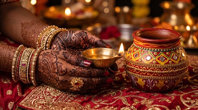 Hands decorated with henna and gold jewelry holding a lighted brass diya lamp beside an ornate painted pot
