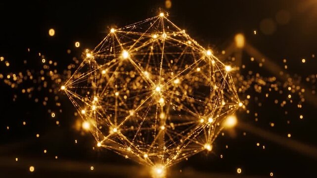Financial Market Network with Golden Light, Digital Data Points, Glowing Currency Symbols and Dynamic Technology Connections for Abstract Finance Background