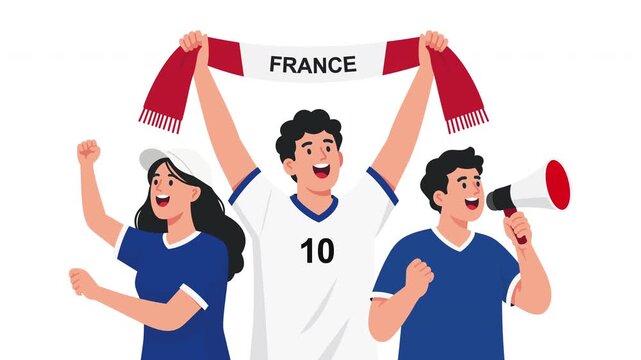 Animated French football fans celebrating victory with France national colors, cheering supporters, fan scarf, soccer championship energy, team spirit and festive sports atmosphere, tournament crowd