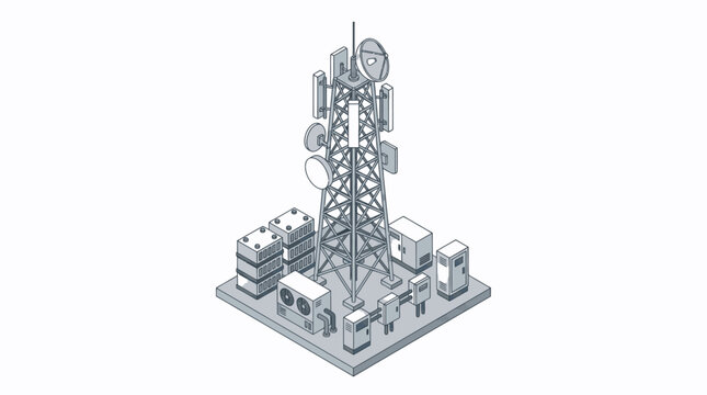 Corporate Data Center with Isometric Cell Tower and Network Infrastructure in Monochrome with high quality professional line art symbols for modern creative design and digital branding projects