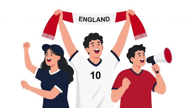 Animated English football fans celebrating victory with England national colors, cheering supporters, fan scarf, soccer championship energy, team spirit and festive sports atmosphere, tournament crowd