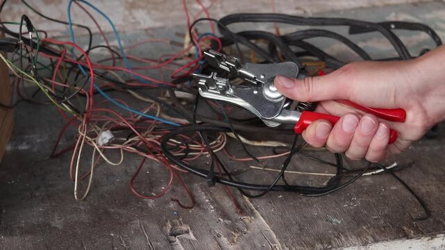 A hand holds a professional wire stripper for removing insulation from wires against the background of a tangled knot of multi-colored electrical cables