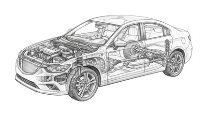 Fototapeta premium Automotive Schematic Cutaway Technical Hand Drawn Shading Vector Illustration Isolated on Transparent Background