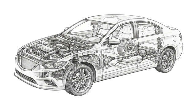 Automotive Schematic Cutaway Technical Hand Drawn Shading Vector Illustration Isolated on Transparent Background
