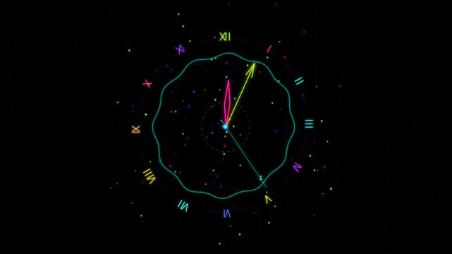 Neon digital clock interface with rotating hud and particle effects time