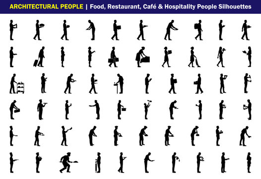 Food Service and Hospitality Worker Silhouette Set for Architectural People, restaurant staff, caf&eacute; servers, chefs, waiters, bartenders and dining service figures vector illustration