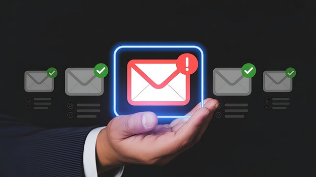 Hand holding digital email notification icons representing business communication technology and inbox management